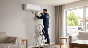 Profesionálna montáž klimatizácie v modernom interiéri technikom firmy klima-system.